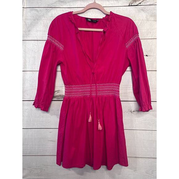 Zara Fuchsia Pink Smocked Poplin Embroidered Mini Dress Pullover Medium - Picture 1 of 4